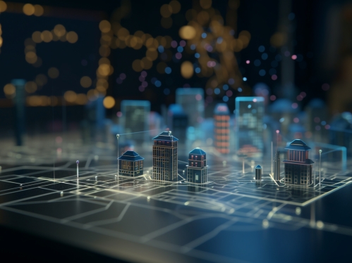 Blue-lit simulated city overlain with circuitry against a black background.